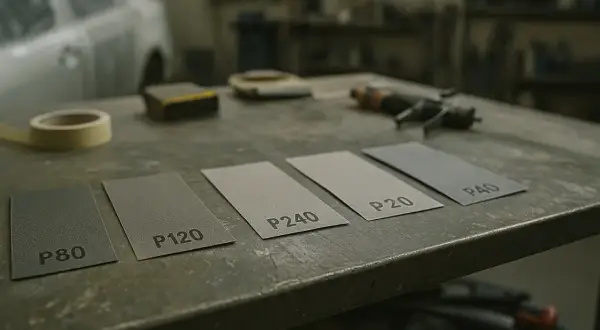 Papiery ścierne P80, P120, P240, P20, P40 leżą na stole warsztatowym, gotowe do szlifowania podkładu epoksydowego.