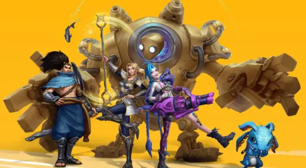 Postacie z League of Legends: Yasuo, Lux, Jinx, Blitzcrank i mały potworek na żółtym tle.