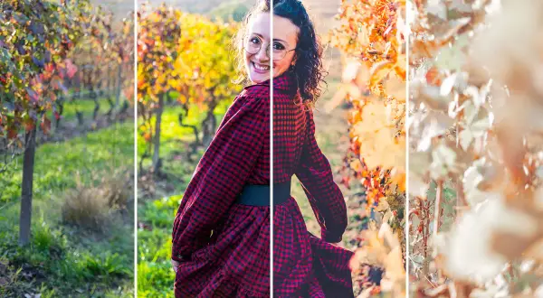 Ragazza sorridente in un vigneto autunnale, con un abito a quadri rossi. L'immagine mostra l'effetto di aggiungere preset lightroom per esaltare i colori caldi.