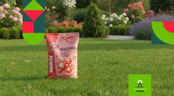 Zadbaj o swój ogród z nawozem mocznik dolistnie. Opakowanie na tle zielonej trawy i kwitnących krzewów.