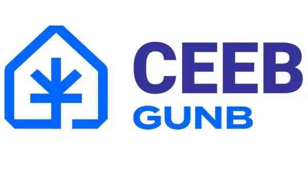 Logo CEEB GUNB, czyli Centralna Ewidencja Emisyjności Budynków. Symbol domu z płomieniem.