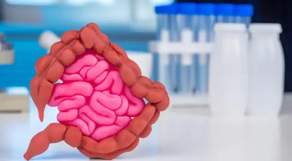 Model jelita grubego z widocznymi polipami. W tle probówki i pojemniki laboratoryjne.