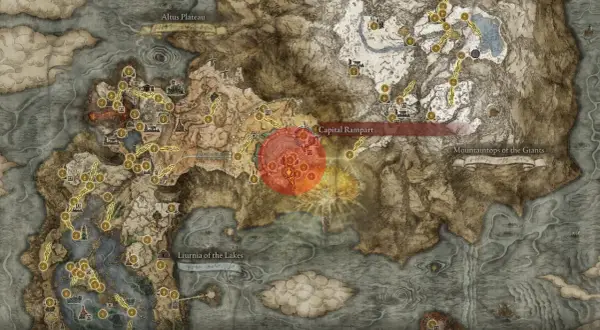 Mapa świata Elden Ring, z zaznaczonym obszarem Capital Rampart, który prowadzi do Leyndell.