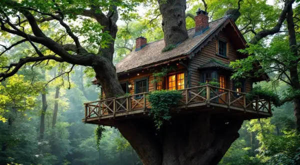 Une magnifique cabane arbre en bois, nichée au cœur d'une forêt luxuriante. La lumière dorée filtre à travers les feuilles, illuminant cette retraite paisible.