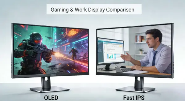 Porównanie ekranów: OLED z dynamiczną grą akcji i Fast IPS z pracą biurową.