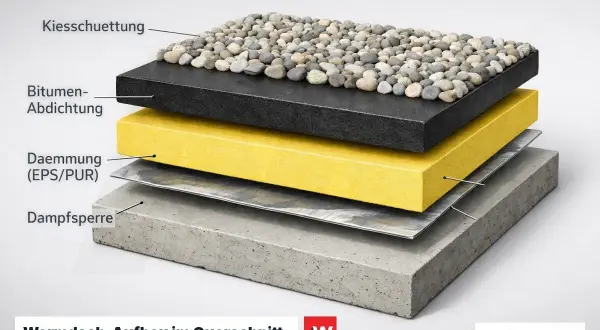 Schichtenaufbau eines Warmdach-Flachdachs: Beton, Dampfsperre, Dämmung, Bitumen-Abdichtung und Kiesschüttung.