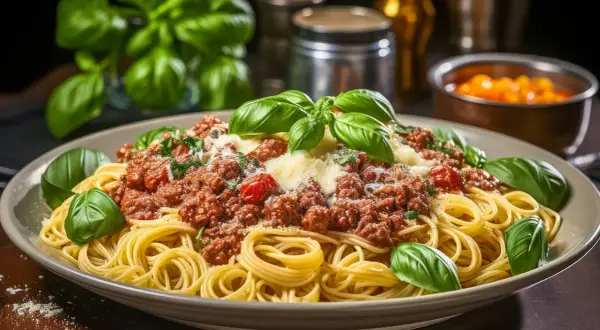 Ein Teller Spaghetti Bolognese, garniert mit frischem Basilikum und Parmesan. Perfekt für ein authentisches Spaghetti Bolognese Rezept.