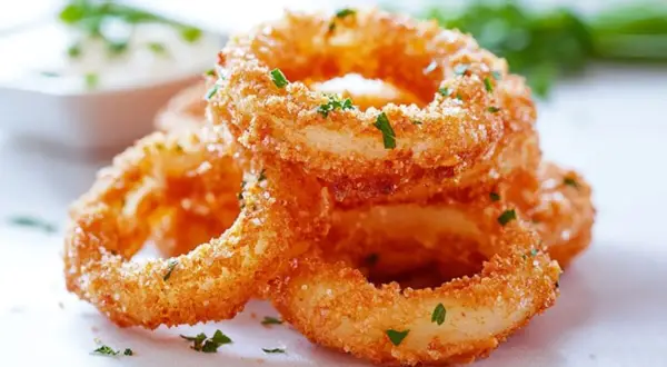 Knusprige Zwiebelringe, die man einfach selber machen kann. Perfekt als Snack oder Beilage.