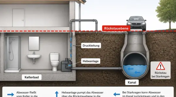 Eine Hebeanlage pumpt Abwasser aus dem Keller über die Rückstauebene in die Kanalisation, um Rückstau bei Starkregen zu verhindern.