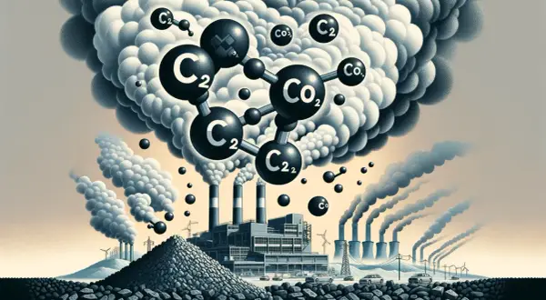 Molekuły CO2 unoszą się nad fabryką spalającą węgiel. Obraz ilustruje, ile CO2 powstaje z tony węgla.