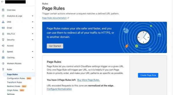 Panel Cloudflare z sekcją Page Rules. Umożliwia zarządzanie regułami dla domeny, np. przekierowanie ruchu. Dostępne są 3 reguły.