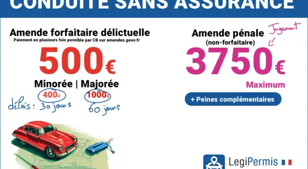 Amende forfaitaire de 500€ ou pénale jusqu'à 3750€ pour conduite sans assurance. Une vignette assurance obligatoire est cruciale.