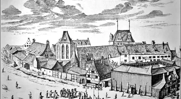 Ludzie i budynki na placu. W teatrze elżbietańskim brak dekoracji zastępowano wyobraźnią widzów i grą aktorów.