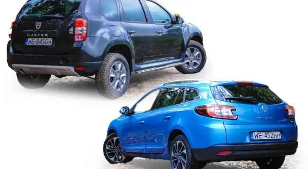 Dwa samochody z grupy Renault: czarny Dacia Duster 4x4 i niebieski Renault Megane kombi.