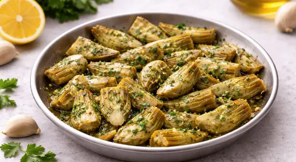 Deliziosi carciofi in padella, conditi con erbe aromatiche e aglio, pronti per essere gustati.