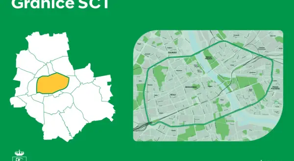 Mapa Warszawy z zaznaczoną żółtą obwódką, która wyznacza granice SCT – Strefy Czystego Transportu.