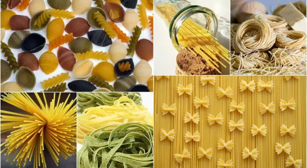 Kolaż prezentujący różnorodne rodzaje makaronów włoskich: kolorowe fusilli, muszelki, spaghetti, tagliatelle, farfalle i nesty.