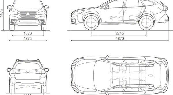 Rysunki techniczne Subaru Outback z wymiarami: wysokość 1675 mm, szerokość 1875 mm, długość 4870 mm, rozstaw osi 2745 mm, szerokość tyłu 1600 mm.