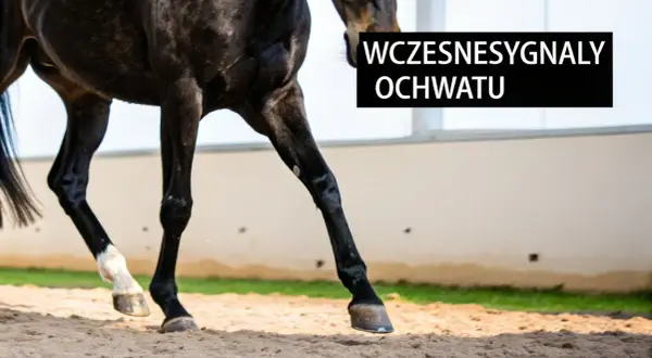 Czarne nogi konia w ruchu, z białymi odmianami na jednej z przednich nóg. Tekst informuje o wczesnych sygnałach ochwatu u konia.