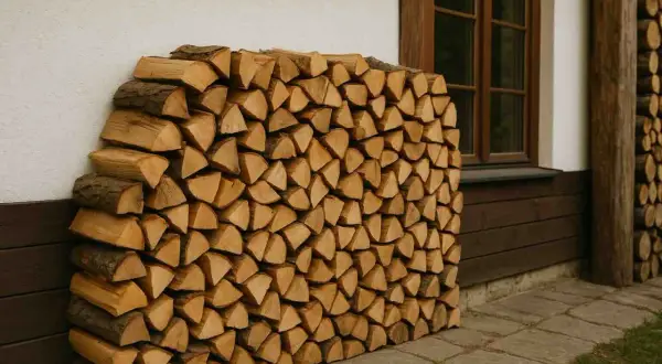 Duża sterta drewna opałowego przy domu. Ile drewna na ogrzanie domu 150m2?