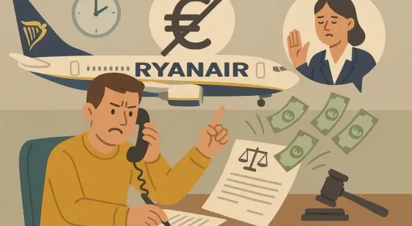 Zirytowany klient dzwoni, by dowiedzieć się, czy można odwołać lot Ryanair. Obok symbol prawa i pieniądze.