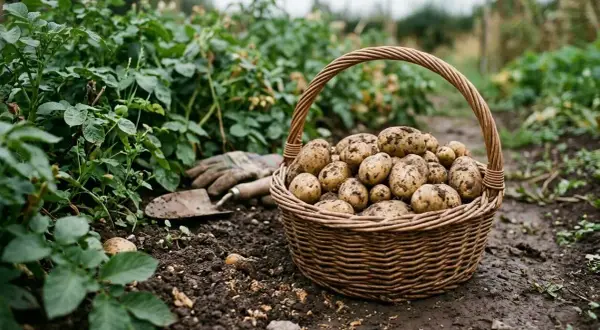 Frisch geerntete Kartoffeln in einem Korb neben einer Schaufel und Handschuhen. Die Frage "kartoffeln pflanzen wie tief" beschäftigt Gärtner.