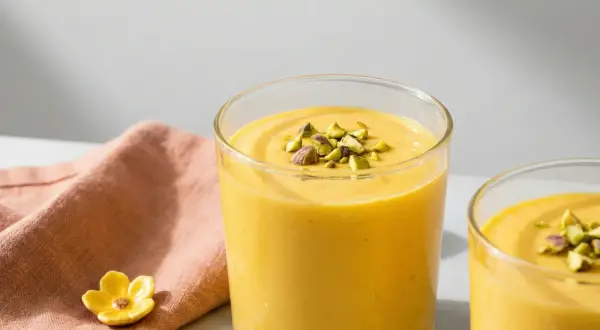 Två glas med krämig mango lassi, toppad med hackade pistagenötter. Ett perfekt recept för en svalkande dryck.