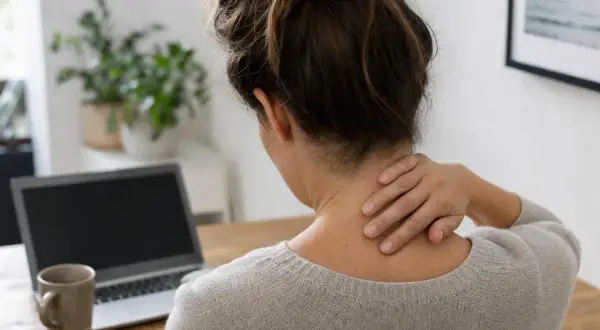 Donna con mano sul collo, che soffre di cervicobrachialgia. Quanto dura questo dolore?