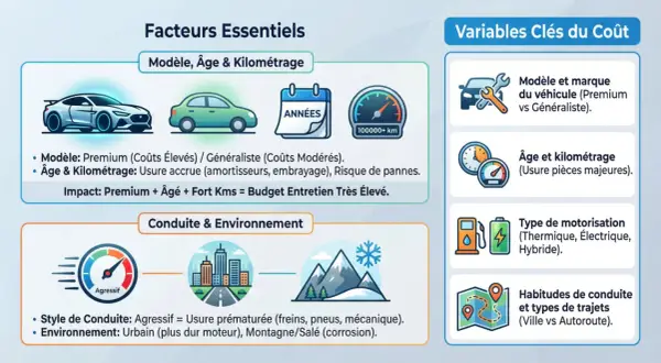 Infographie sur les facteurs influençant le tarif entretien gpl : modèle, âge, kilométrage, conduite et environnement.