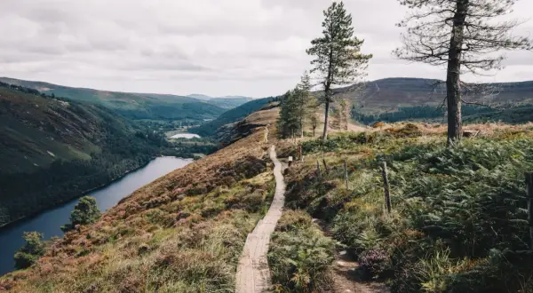 Sentier en bois serpentant sur une colline verdoyante, dominant un lac bleu profond et des montagnes dans le **gr irlande**.