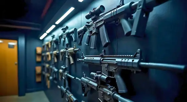 Pared oscura con varias réplicas de armas de airsoft, algunas con miras telescópicas. Un pasillo con puerta naranja al fondo.