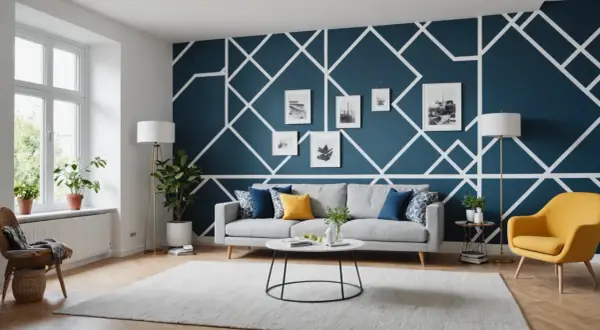 Moderne Wohnzimmerwand mit geometrischem Muster. Tolle Ideen zum Wand streichen mit Muster abkleben für ein stilvolles Zuhause.
