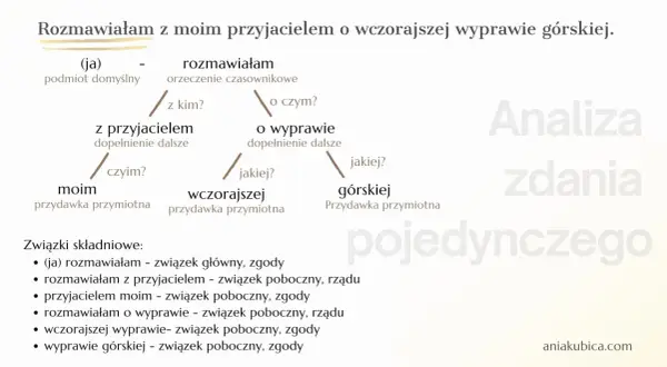 Analiza zdania pojedynczego: "Rozmawiałam z moim przyjacielem o wczorajszej wyprawie górskiej.
