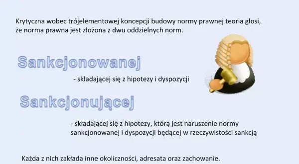 Dwuelementowa koncepcja normy prawnej: sankcjonowana (hipoteza i dyspozycja) i sankcjonująca (naruszenie normy sankcjonowanej i sankcja).