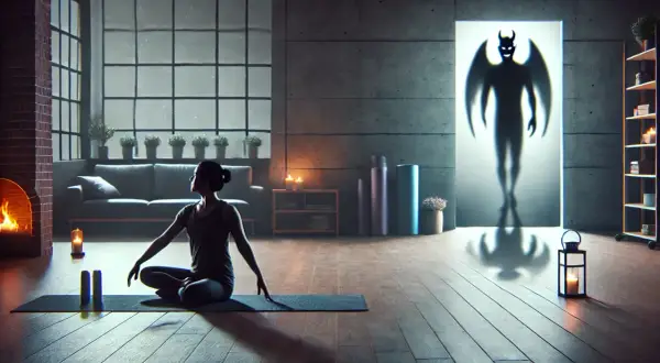 Kobieta medytuje na macie, a w tle widoczny jest cień demona.