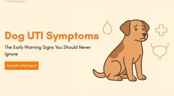 Sad dog illustration with text "Dog UTI Symptoms." Learn the early warning signs of a UTI in dogs to keep your furry friend healthy.
