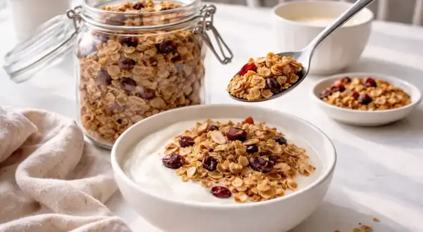 En sked med krispig, hemgjord egen granola toppar en skål med yoghurt. En glasburk fylld med samma granola står bredvid.