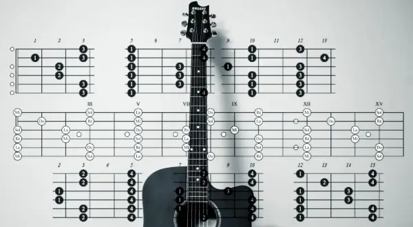 Gitarzysta uczy się podstawowych akordów gitarowych, korzystając z diagramów.