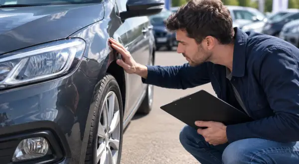 Un homme examine la carrosserie d'une voiture grise, peut-être une SP95 E10, avec un bloc-notes.