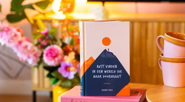 Boek "Rust vinden in een wereld die maar doordraait" op een roze dagboek. Handig voor wie hooggevoelig is en zoekt naar rust.