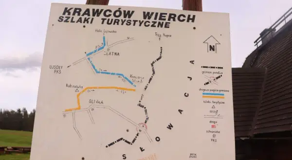 Mapa szlaków turystycznych Krawców Wierch. Wskazuje trasy do Hali Lipowskiej, Trzech Kopców, Glinki i Kubiesówki.