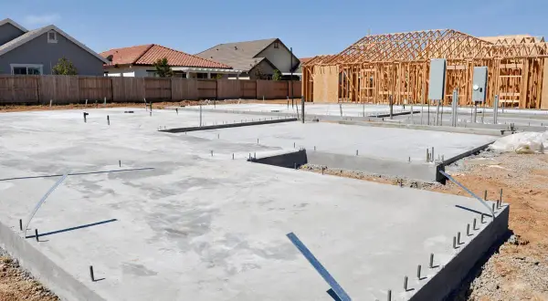 Fundamenty domu w budowie. Betonowe płyty i zbrojenie czekają na kolejne etapy budowy. Chudziak co to? To warstwa chudego betonu, która stanowi podkład pod właściwy fundament.