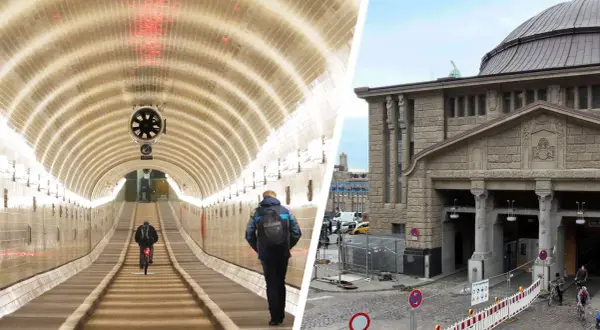 Fußgänger und Radfahrer im beleuchteten Elbtunnel, daneben die imposante Architektur des Eingangsgebäudes.
