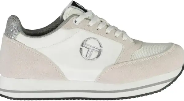 Sneaker Sergio Tacchini donna in camoscio e pelle bianca, con logo argentato e dettagli glitter sul tallone. Perfetta per un look casual chic.