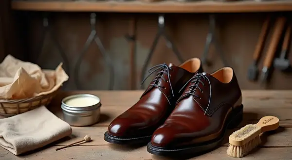 Des chaussures neuves et brillantes, prêtes à être cirées. Faut-il cirer des chaussures neuves ? La réponse est oui pour une protection optimale.