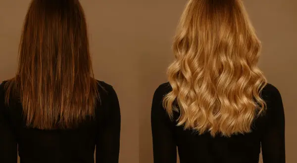 Avant/après : décoloration maison sur cheveux colorés. Cheveux bruns transformés en une chevelure blonde ondulée et lumineuse.