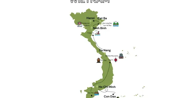 Mapa Wietnamu z zaznaczonymi atrakcjami: Hanoi, Zatoka Ha Long, Ninh Binh, Da Nang, Hoi An, Ho Chi Minh i Con Dao. Podróż przez wietnam południowy.