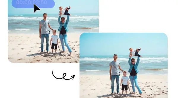 Rodzina na plaży, edycja wideo. Usunięto niechciany element z kadru, aby uzyskać idealne zdjęcie bez znaku wodnego.
