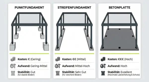 Vergleich von Fundamenttypen: Punktfundament, Streifenfundament und Betonplatte. Jede Darstellung zeigt eine Struktur auf einem Fundament aus Beton mit Kosten-, Aufwands- und Stabilitätsangaben.