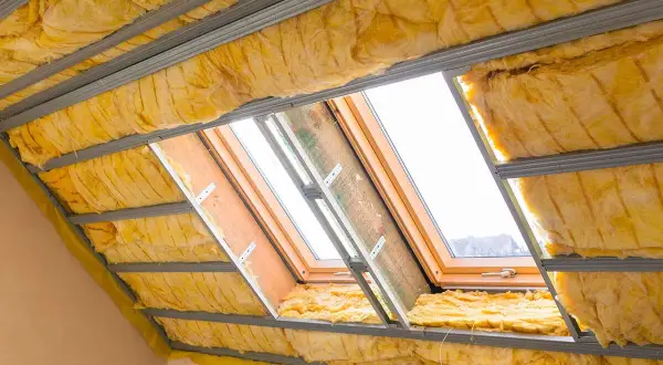 Isolation en laine de verre dans des combles aménageables, sous une structure métallique et des fenêtres de toit.